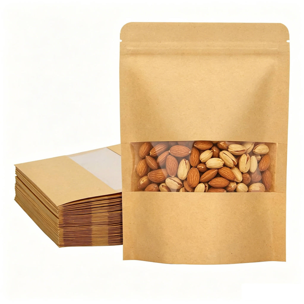 ATBXHZSZ 100 Pack Resealable Bags, Stand-Up Pouches Kraft Bags for food with Transparent Window for Small Business and Home (3.9 x 5.9 Inches)