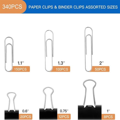 ATBXHZSZ 340 Count Binder Clips and Paper Clips Set Office Supplies, Assorted Sizes, Black