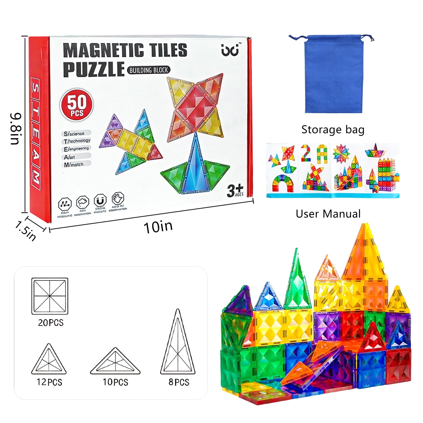 ATBXHZSZ 50Pcs Magnetic Tiles for Kids Magnetic Building Blocks STEM Learning Toys Educational Toddler Toys for 3-12 Years Old Boys Girls