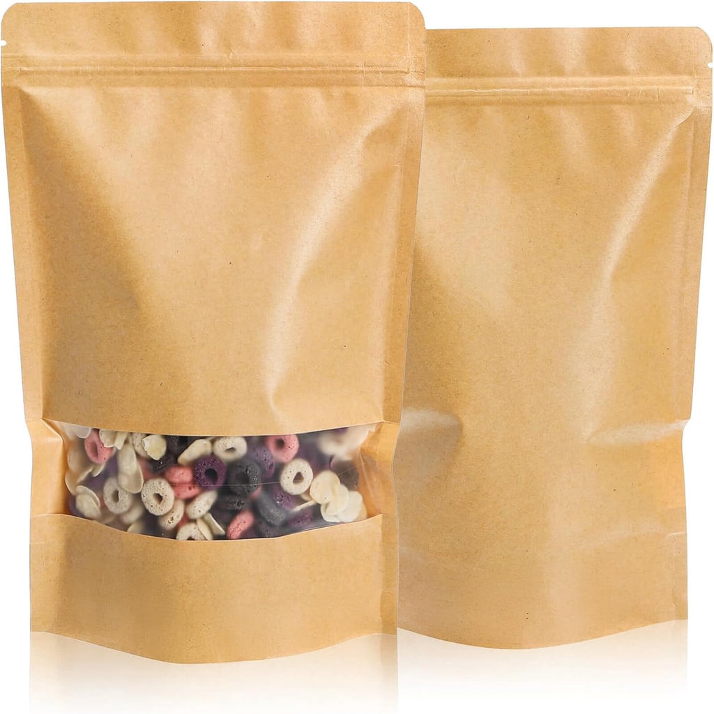 ATBXHZSZ 100 Pack Resealable Bags, Stand-Up Pouches Kraft Bags for food with Transparent Window for Small Business and Home (3.9 x 5.9 Inches)