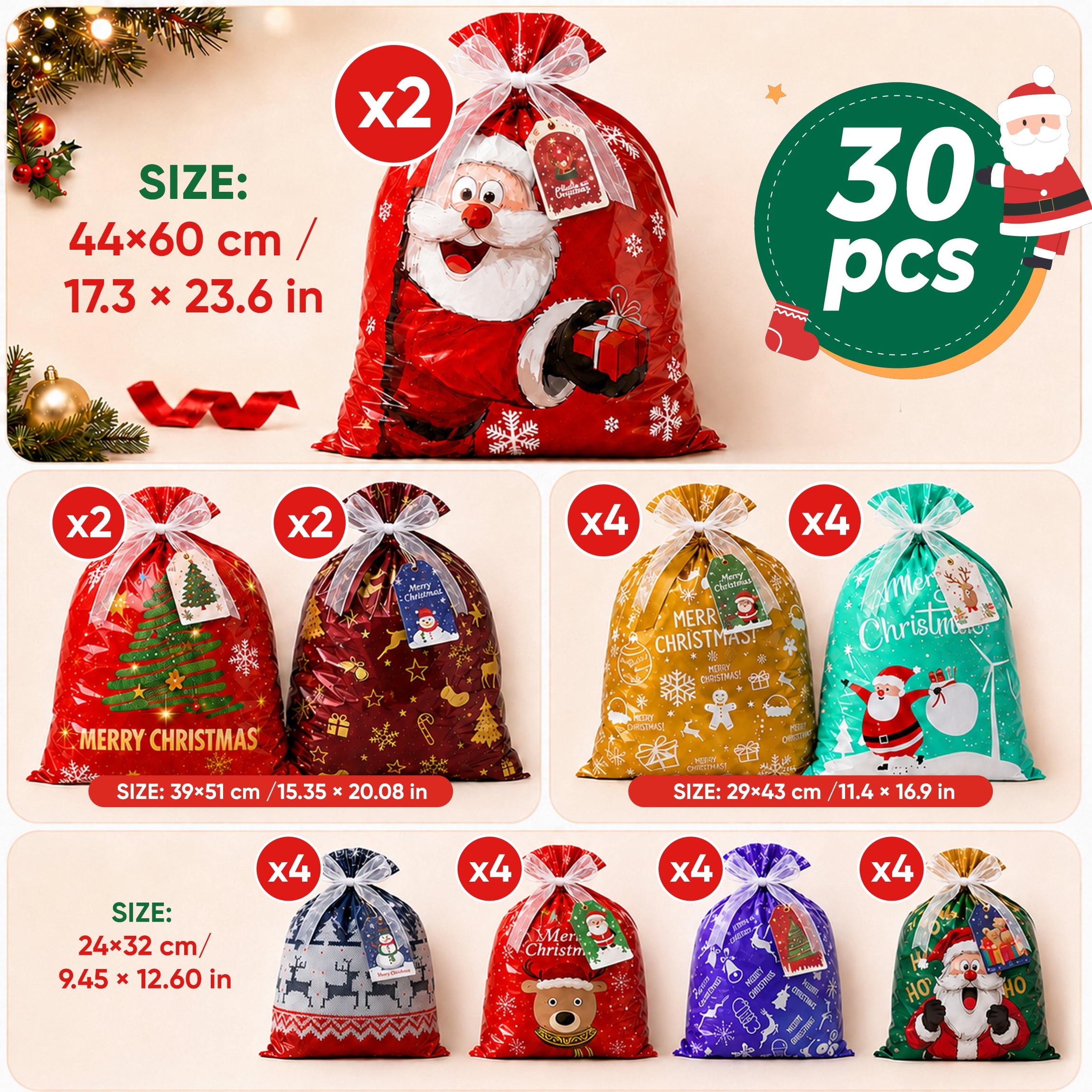 ATBXHZSZ 30Pcs Christmas Gifts Bags Assorted Sizes Small Medium Large Multicolor Christmas Drawstring Gift Bags Aluminum Foil Reusable Holiday Xmas Presents Wrapping with Tags
