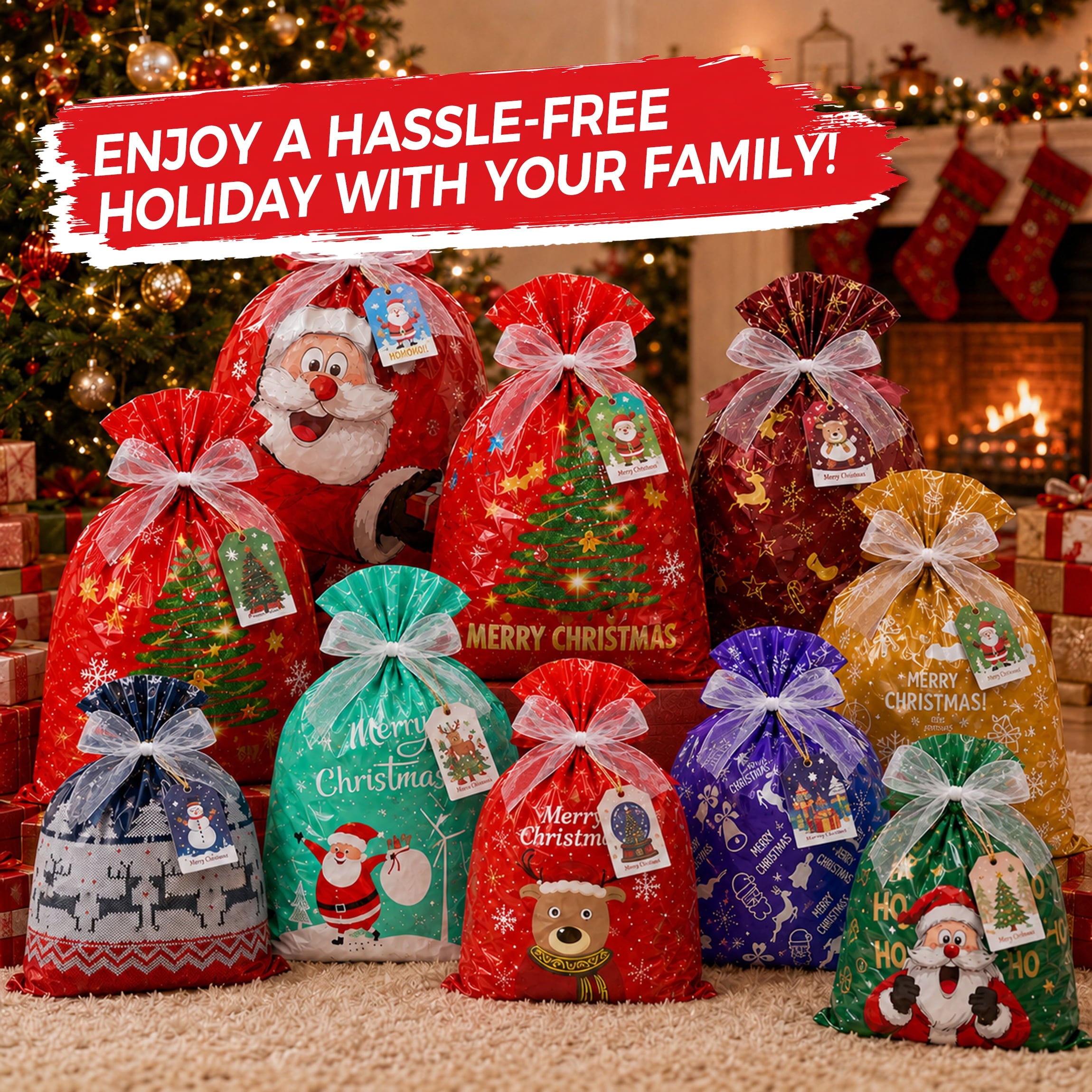 ATBXHZSZ 30Pcs Christmas Gifts Bags Assorted Sizes Small Medium Large Multicolor Christmas Drawstring Gift Bags Aluminum Foil Reusable Holiday Xmas Presents Wrapping with Tags
