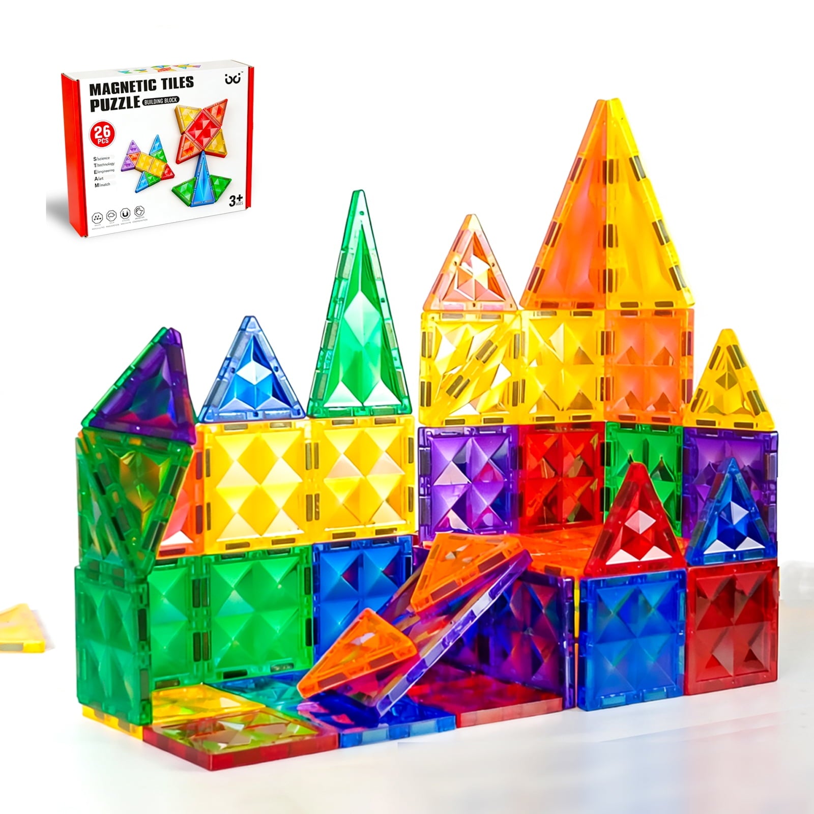 ATBXHZSZ 26Pcs Magnetic Tiles for Kids Magnetic Building Blocks STEM Learning Toys Educational Toddler Toys for 3-12 Years Old Boys Girls