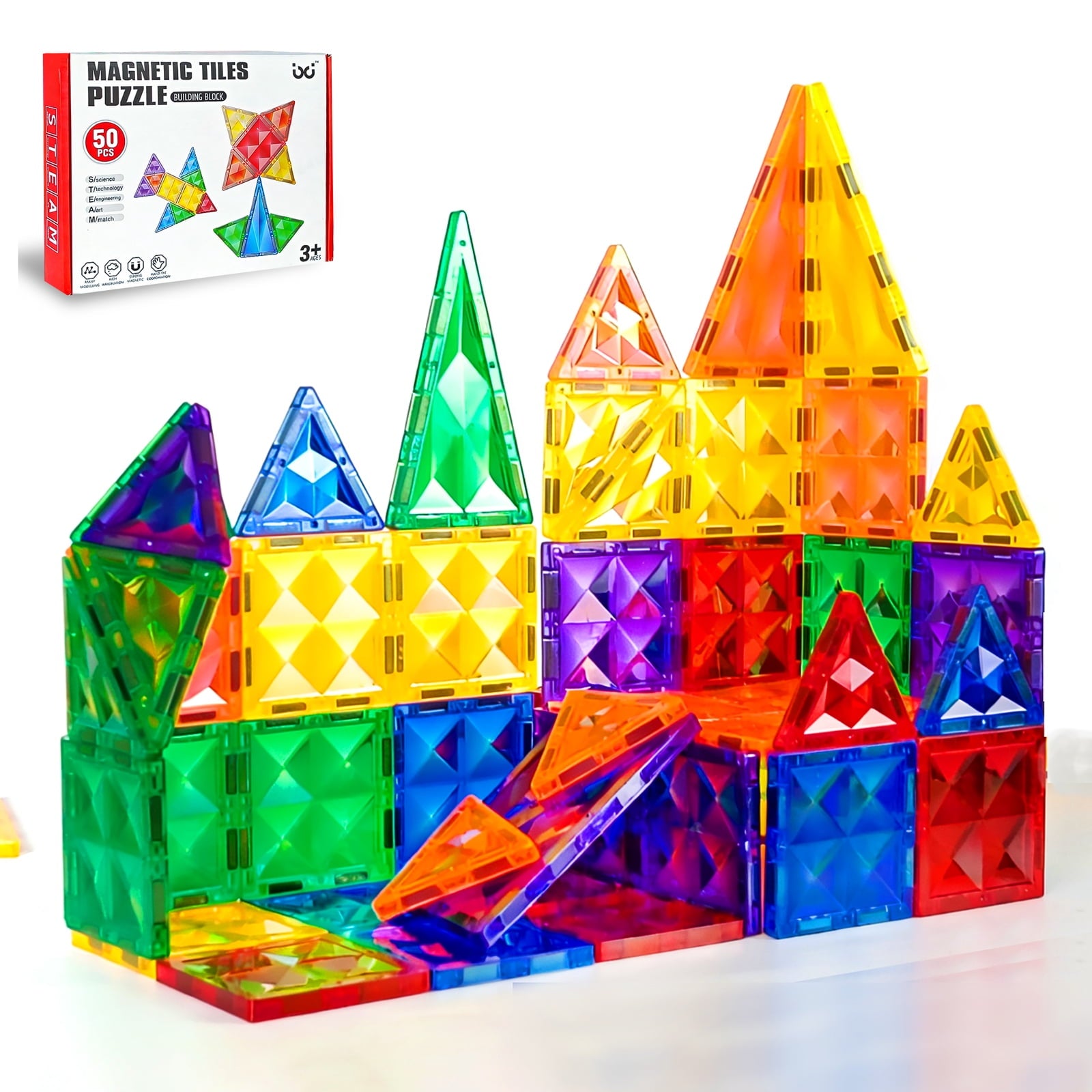 ATBXHZSZ 50Pcs Magnetic Tiles for Kids Magnetic Building Blocks STEM Learning Toys Educational Toddler Toys for 3-12 Years Old Boys Girls