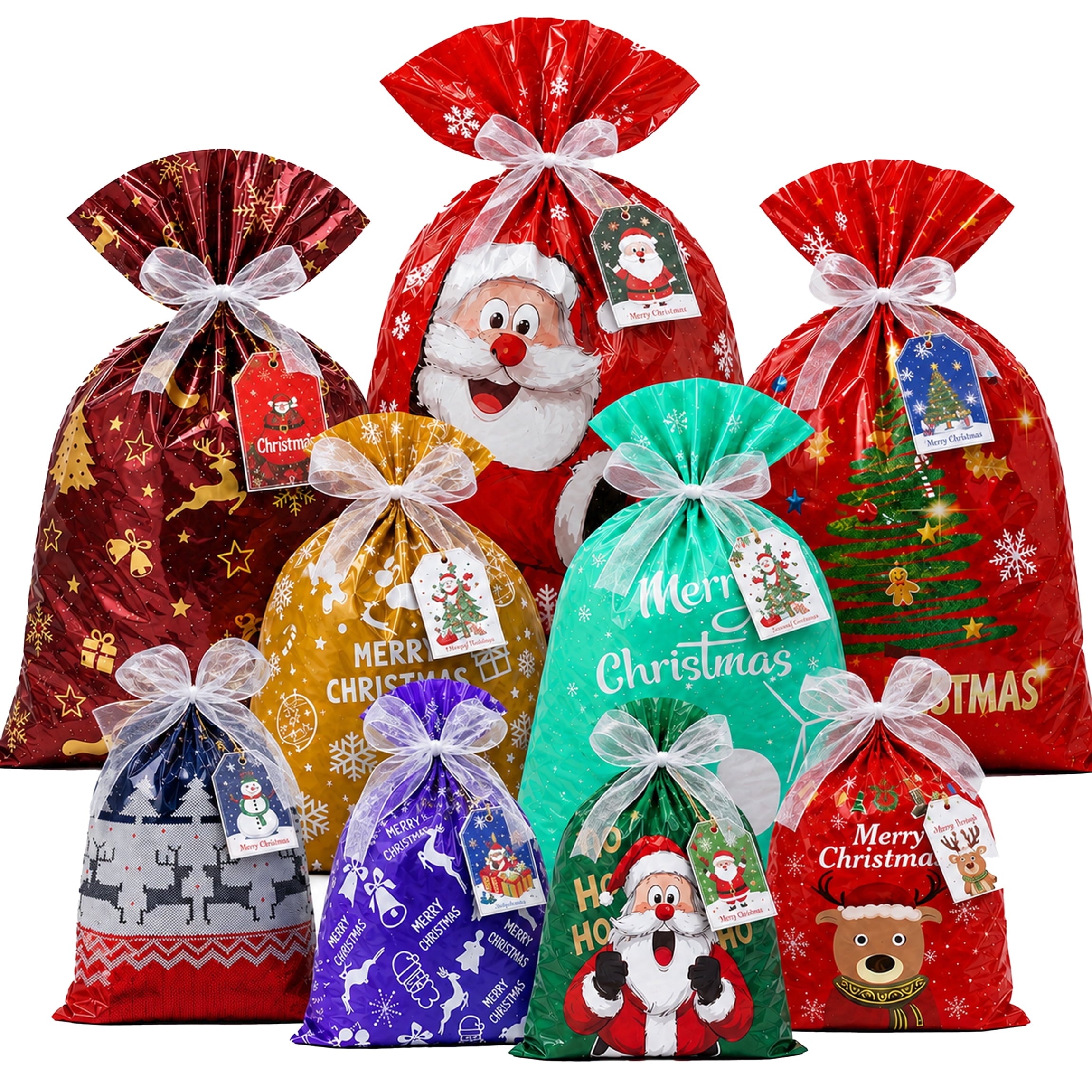 ATBXHZSZ 30Pcs Christmas Gifts Bags Assorted Sizes Small Medium Large Multicolor Christmas Drawstring Gift Bags Aluminum Foil Reusable Holiday Xmas Presents Wrapping with Tags