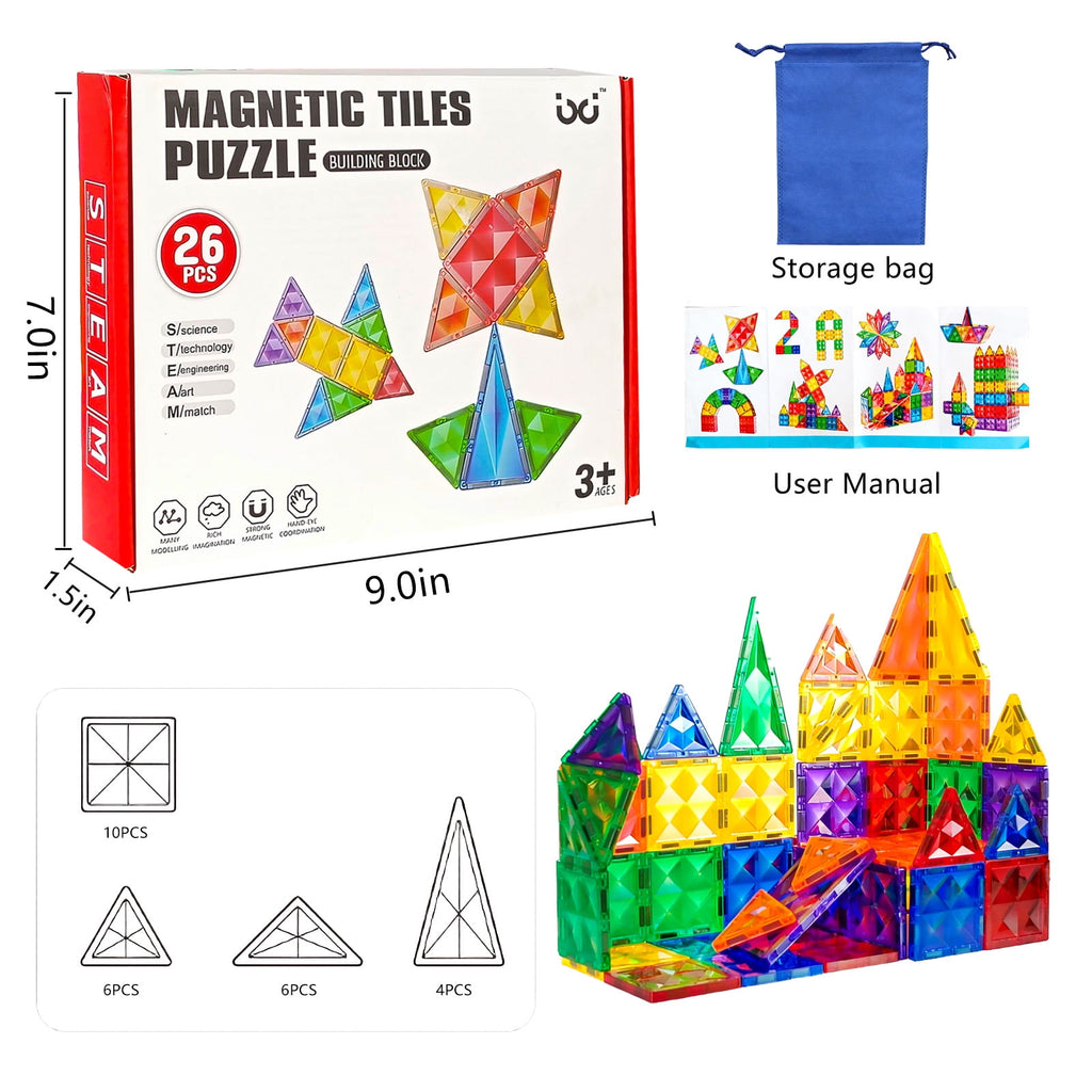 ATBXHZSZ 26Pcs Magnetic Tiles for Kids Magnetic Building Blocks STEM Learning Toys Educational Toddler Toys for 3-12 Years Old Boys Girls