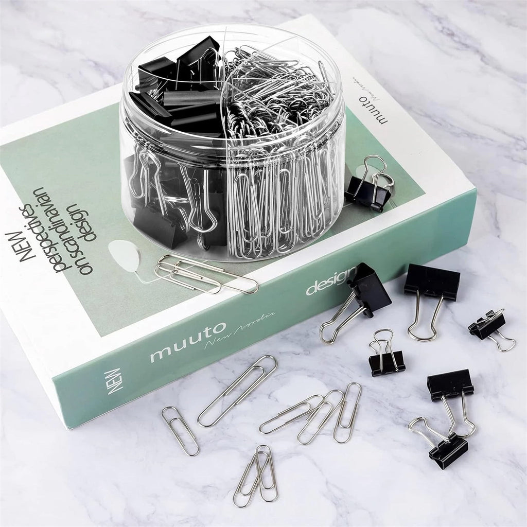 ATBXHZSZ 340 Count Binder Clips and Paper Clips Set Office Supplies, Assorted Sizes, Black