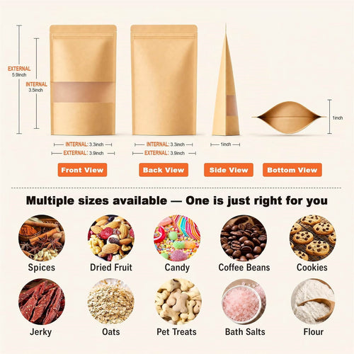 ATBXHZSZ 100 Pack Resealable Bags, Stand-Up Pouches Kraft Bags for food with Transparent Window for Small Business and Home (3.9 x 5.9 Inches)