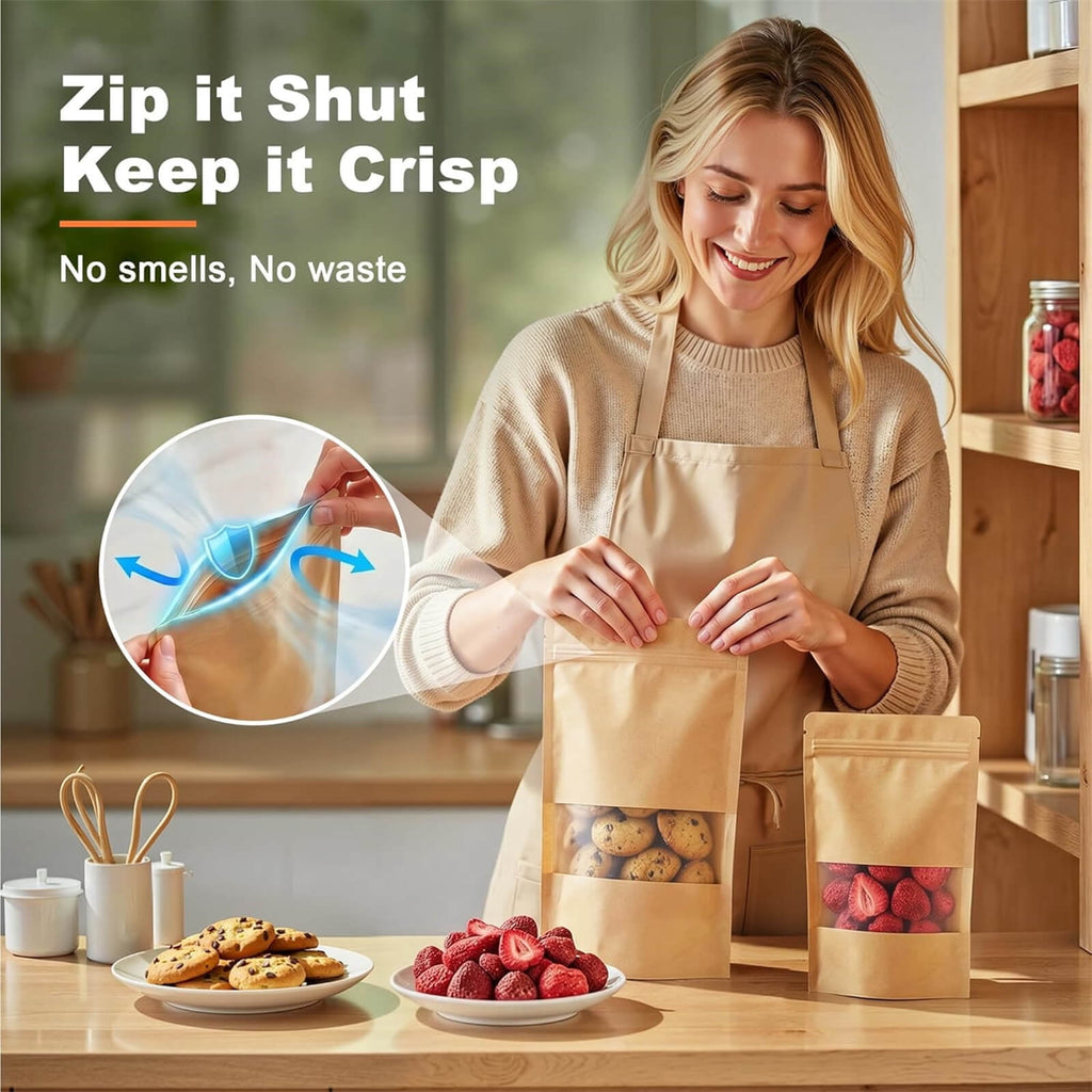 ATBXHZSZ 100 Pack Resealable Bags, Stand-Up Pouches Kraft Bags for food with Transparent Window for Small Business and Home (3.9 x 5.9 Inches)