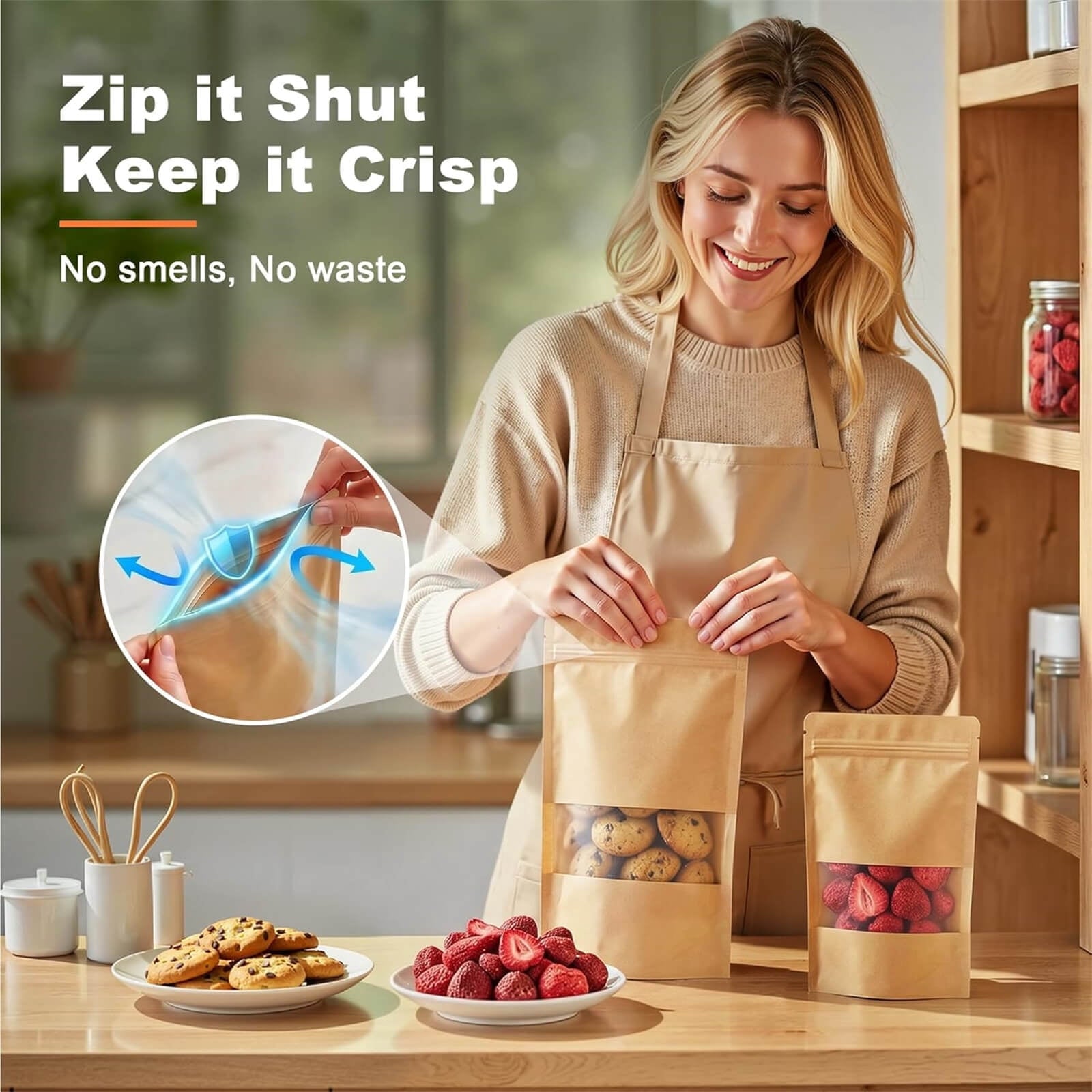 ATBXHZSZ 100 Pack Resealable Bags, Stand-Up Pouches Kraft Bags for food with Transparent Window for Small Business and Home (3.9 x 5.9 Inches)