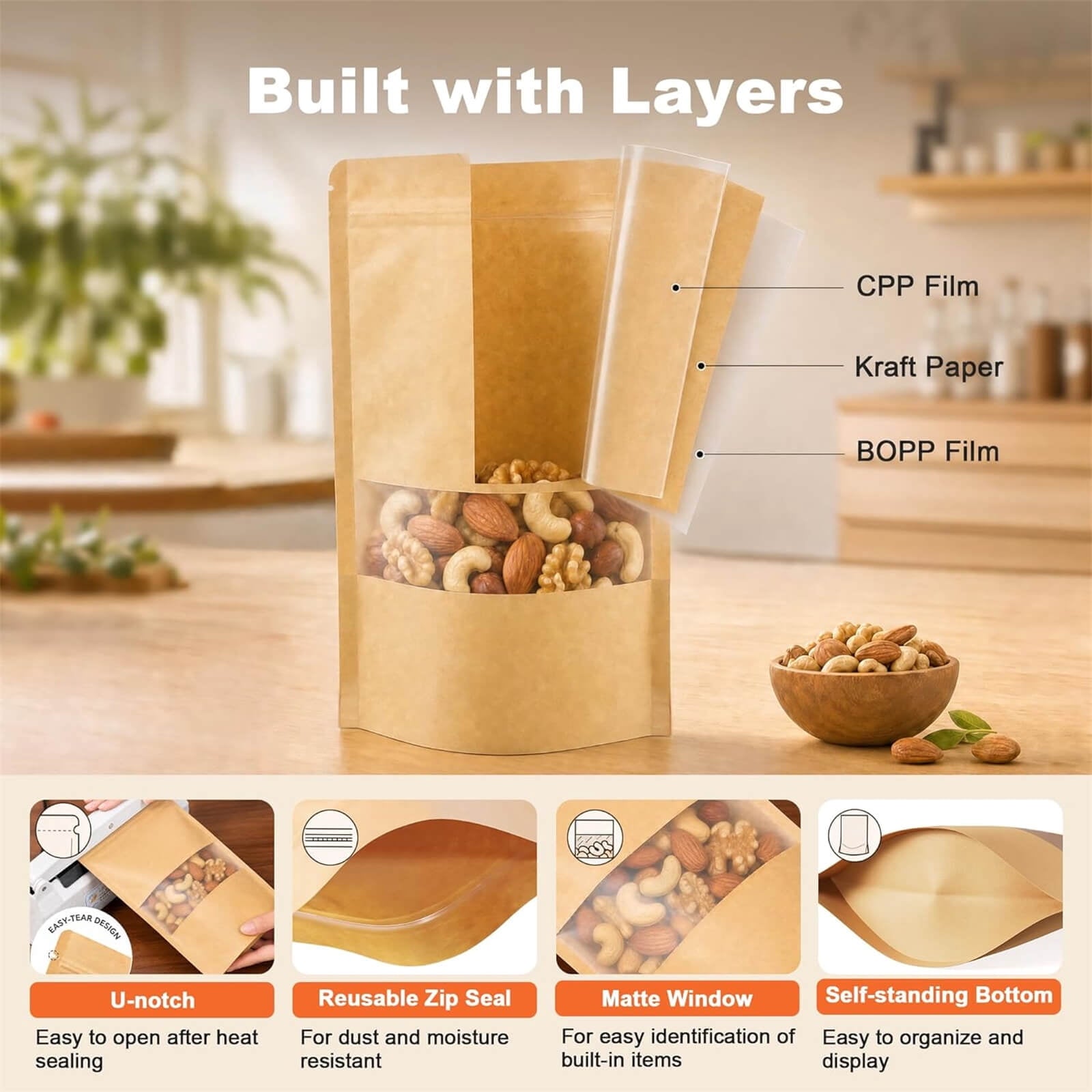 ATBXHZSZ 100 Pack Resealable Bags, Stand-Up Pouches Kraft Bags for food with Transparent Window for Small Business and Home (3.9 x 5.9 Inches)